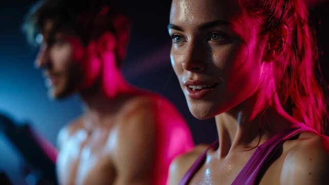 In a vibrant gym filled with energy, fitness enthusiasts engage in rigorous workouts. The atmosphere pulsates with motivation and focus. Sweat glistens as they push their limits