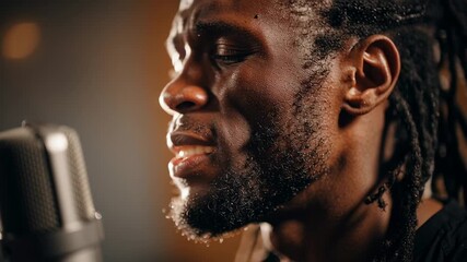 A talented black male singer captivates the audience with his soulful voice, pouring his heart into each note during a live performance in a cozy setting, creating a memorable experience