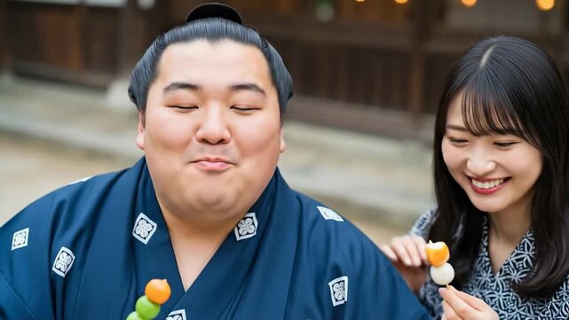 Sumo wrestler eating dango with young woman at outdoor stall
