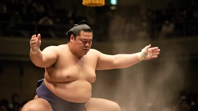 Sumo wrestler throwing salt into the air for purification