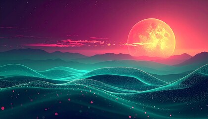 A stunning digital rendition of a surreal alien world, where glowing teal undulations meet a dramatic pink sky and a giant, radiant celestial body casts an otherworldly light