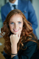 Fototapeta premium Business woman, smile and portrait at meeting with confidence, career and pride at insurance company. Person, broker and happy with team at office with project, job and risk management at agency