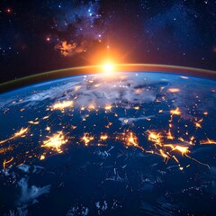 Earth at night, glowing city lights marking civilizations, as sun crests horizon against a star-filled, deep space backdrop