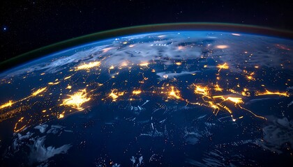 Earth at night shows illuminated cities and dark oceans from space, framed by a thin atmosphere and starry sky