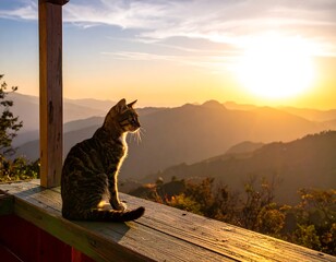 Feline silhouette atop a wooden railing, basking in the golden hues of a sunset over hazy, distant mountains
