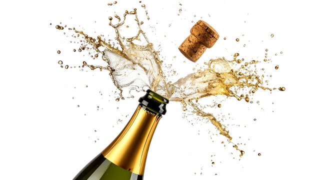 Champagne pouring into a glass beside a bottle for a New Year celebration with gold bubbles splashing and a liquid explosion isolated on white