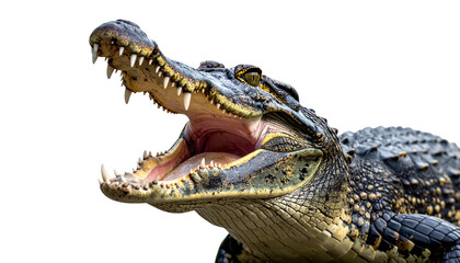 Obraz premium Dangerous wildlife closeup of an open mouth crocodile predator head with sharp teeth and yellow eye isolated on white background as a wild reptile carnivore