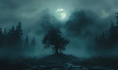 Fototapeta premium Eerie full moon over misty mountain forest with lonely tree silhouette