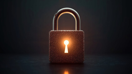 Glowing keyhole padlock symbolizing digital security and data protection, dramatic lighting