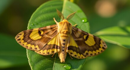 Imperial moth resting on tree bark with large wingspan and striking yellow, brown, and purple patterns. A majestic nocturnal moth known for its bold colors and size.