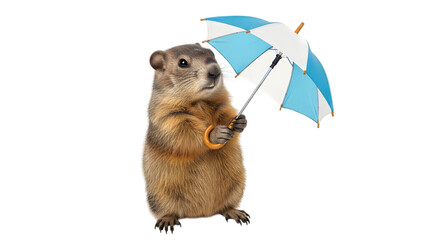 Fototapeta premium Groundhog day forecast with cute groundhog holding umbrella isolated on transparent background