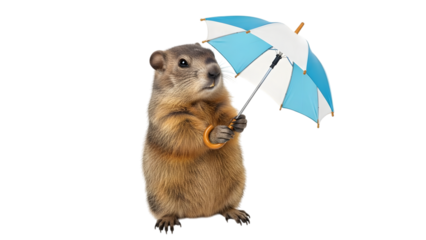Groundhog day forecast with cute groundhog holding umbrella isolated on transparent background