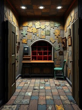 Locked room with puzzles and clues, brain teaser game challenge,  puzzle game,  cryptic