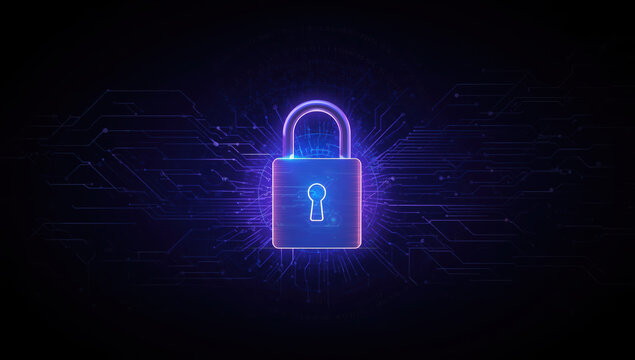 Neon padlock security cyber security data protection encryption digital lock technology