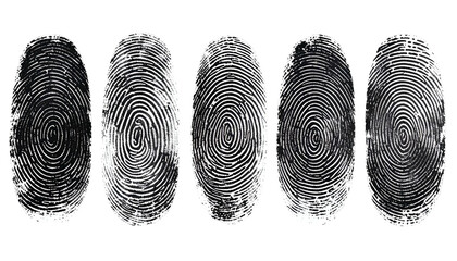 Five distinct fingerprints in grayscale, arranged horizontally against a stark black background