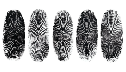 Five distinct fingerprints in grayscale, arranged horizontally against a stark black background
