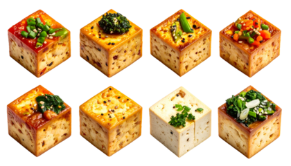 Cubed tofu variations with diverse toppings on a black background, a culinary art display