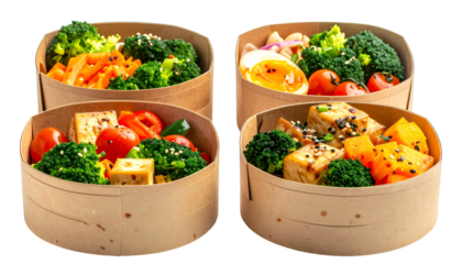 Four diverse healthy meal bowls, each with different vegetables and protein options