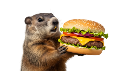 Groundhog day celebration with hungry groundhog holding big cheeseburger isolated on transparent background