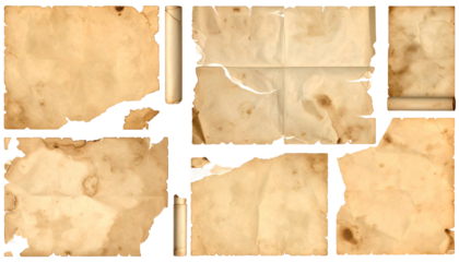 A collage of aged paper pieces with torn edges, arranged in a grid with dark spacing