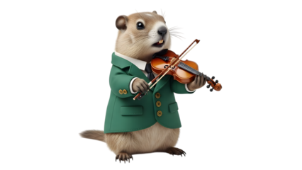 Groundhog day isolated on transparent background playing violin in green suit