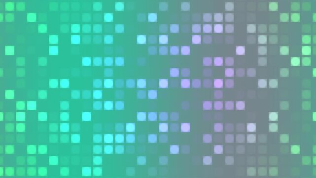 Abstract mosaic of glowing squares with pink and green gradient, perfect looping background.