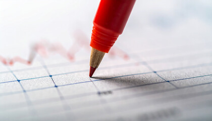 Precision in Detail: A close-up shot of a red pen poised above a grid paper, its tip hovering over the meticulously drawn lines, suggesting an atmosphere of focus, analysis, and meticulousness. 