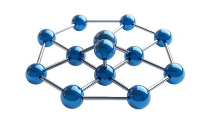 A 3D rendered illustration of interconnected blue spheres, forming a complex structure
