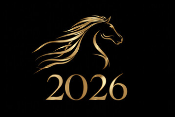 Fototapeta premium Stylized Running Horse Silhouette in Gold with 2026 Typography 4k Design