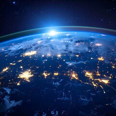 Earth from space glows; vibrant cities shine bright against a backdrop of swirling clouds and deep blue ocean