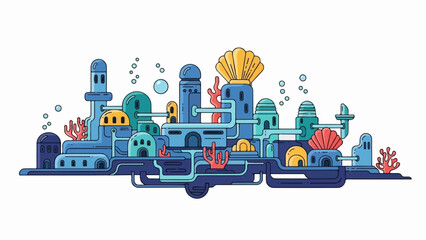 Fototapeta premium Whimsical underwater city with coral, shells, and bubbles in a blue palette