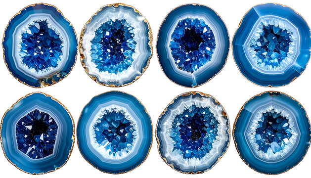 Eight cross-sectioned geodes, showcasing vibrant blue crystal formations with a rim