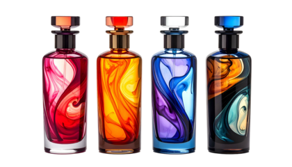 Four perfume bottles with colorful swirling liquids, each with a different colored stopper