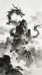 Ink Wash Painting of a Mythical Chinese Dragon Merging with a Mountain Peak, Capturing a Dynamic and Ethereal Traditional Art Style