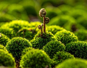 Fern fiddleheads emerge from dense green moss, creating a textured, vibrant miniature landscape in soft, natural light