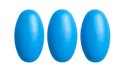 Three bright blue, oval-shaped pills sit side-by-side on a stark black background