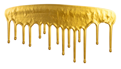 Shimmering gold substance in liquid form, dripping down against a stark black background