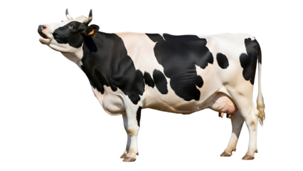 Black and white cow standing against black background