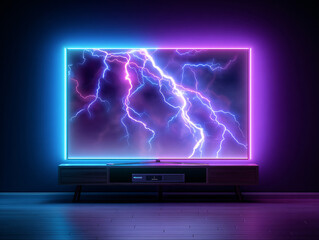 Computer Monitor Display with Purple Lightning Storm Electric Energy Visualization