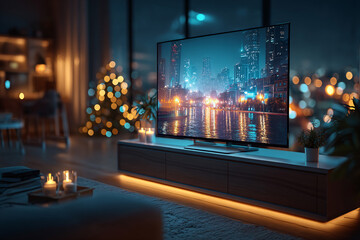 Obraz premium Futuristic Night Cityscape View from Modern Balcony Terrace with Illuminated Urban Skyline