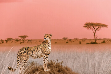 A giraffe and a cheetah in the wild savannah of Serengeti National Park