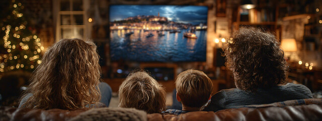 Crowd Silhouettes Watching Illuminated Waterfront Cityscape at Night Urban Skyline