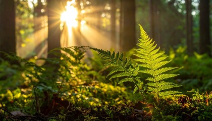 Fern glistens; sunbeams illuminate the forest