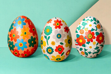 A row of colorful painted Easter eggs on a white background celebrating the spring holiday