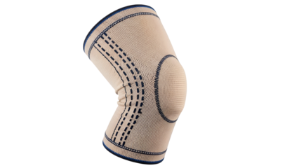 White knee support brace with blue stitching on black background