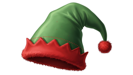 Green elf hat with red fur trim and pom on black background