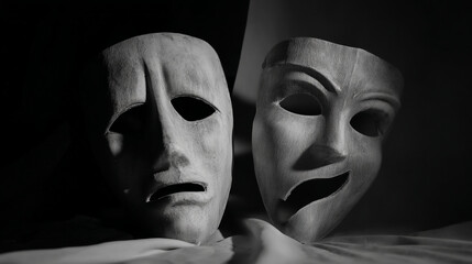 Dramatic Black and White Theater Masks Representing Comedy and Tragedy on Dark Background