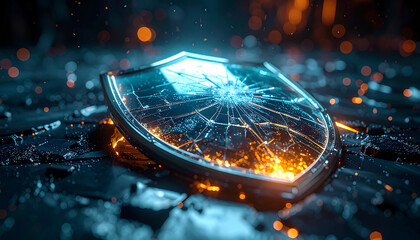 Cybersecurity Breach: The shattered shield symbolizes a critical cybersecurity breach in a digital network. Data security vulnerability