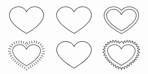 A collection of simple black and white heart shapes in various styles