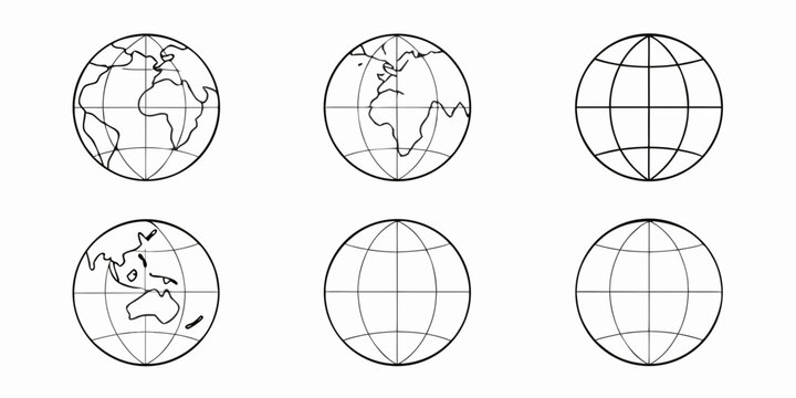 Line art depictions of planet earth showing continents and grid lines